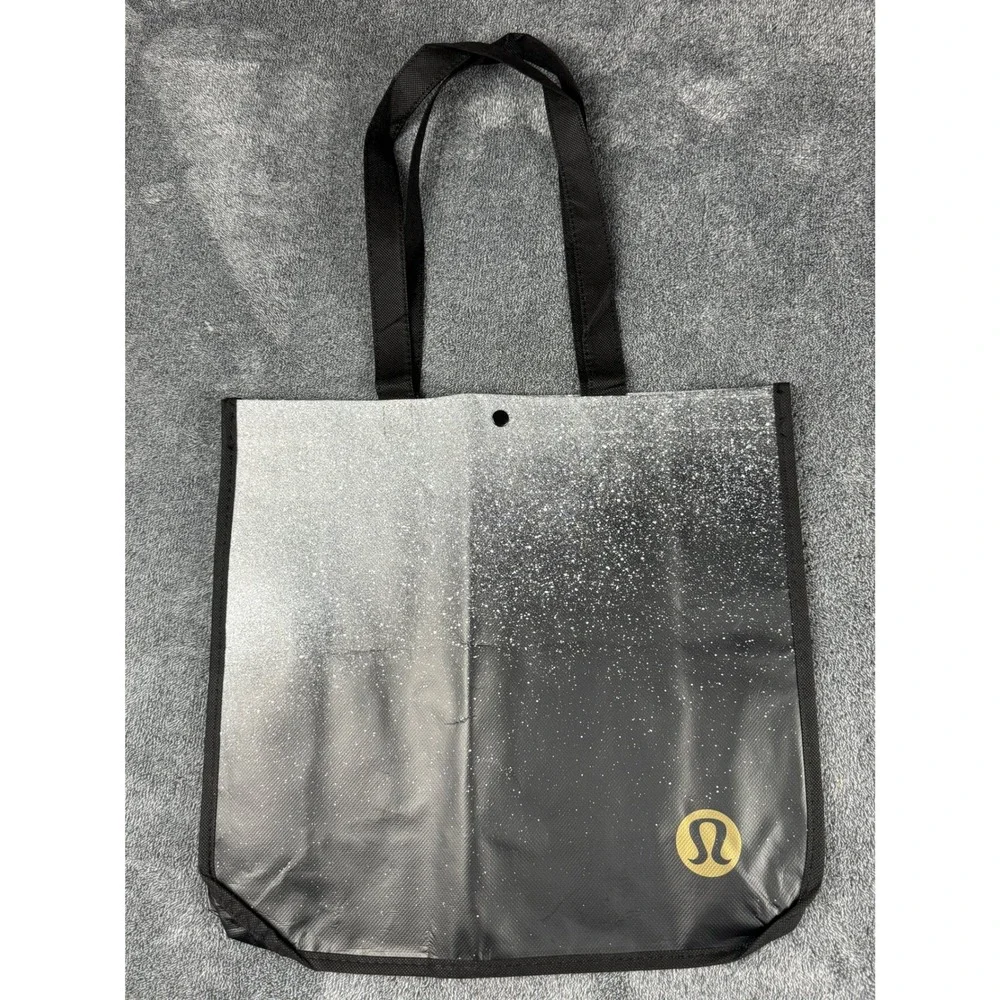 Lululemon Reusable Shopper Tote Bag‎ Black White Speckled Gold Logo Medium